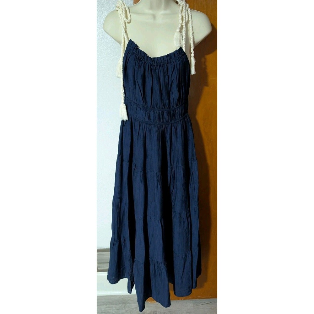 Moon River Women’s Shirred Tiered Midi Dress Blue Sz M Tie Strap Coastal Beach